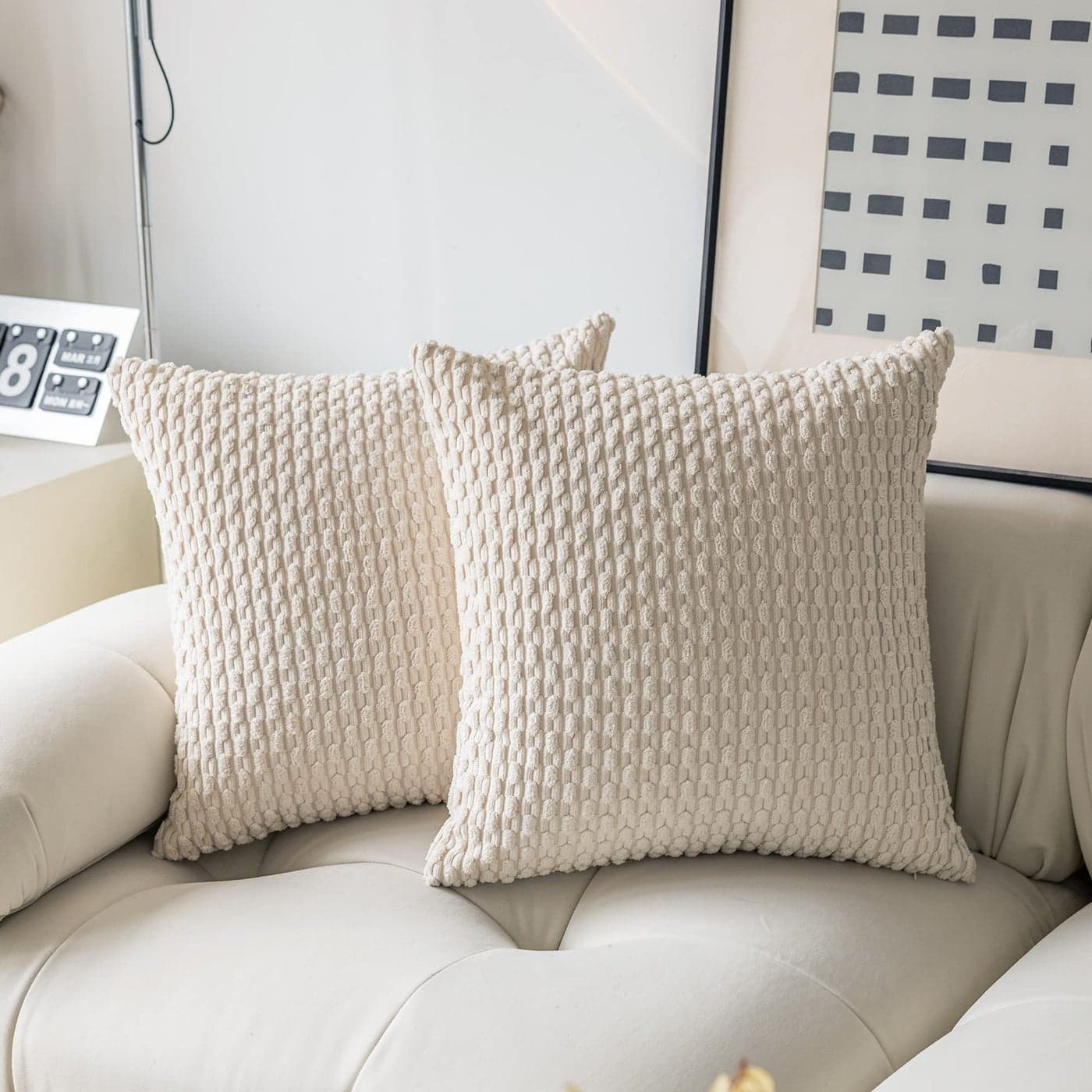 Kevin Textile Pack of 2 Corduroy Decorative Throw Pillow Covers 22x22 Inch Soft Boho Striped Pillow Covers Modern Farmhouse Home Decor for Spring Sofa Living Room Couch Bed Cream White