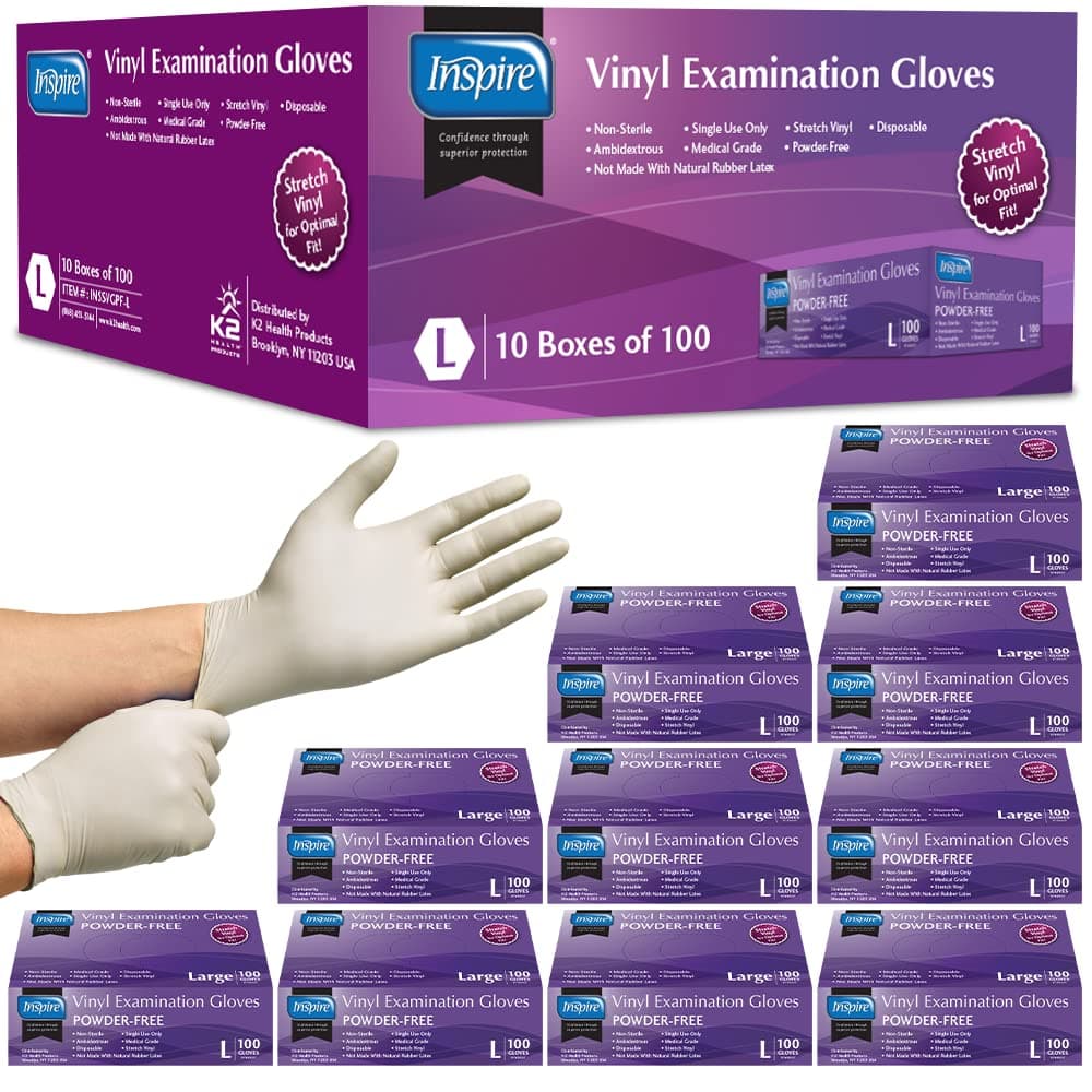 Inspire Stretch Vinyl Exam Gloves THE ORIGINAL Quality Disposable Latex Free Medical Glove Cleaning Cooking Food Service Labs Healthcare and Household Large 1000 Count