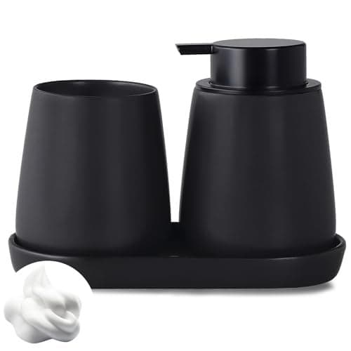 Eyrozia Matte Black Bathroom Accessory Set - 3pcs Ceramic Soap Dispenser Set Vanity Countertop Accessories Set, Includes Refillable Foaming Hand Soap Dispenser, Toothbrush Holder and Tray (Foam Pump)