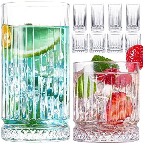 wookgreat Crystal Drinking Glasses Set of 8 Durable Glass Cups4 Highball Glasses 15oz 4 Rocks Glasses 12oz Mojito Cups Cocktail Glass Bar Glassware Set for Cocktail Beer Whiskey