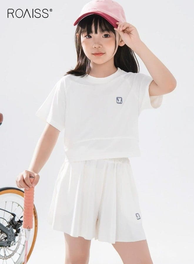 Girls 2PCS Sportswear Set, Short Sleeve Round Neck T-shirt and Elastic Waist Skort, Soft Breathable Quick-drying Activewear Outfit for Kids, Ideal for Tennis, Running, Casual Play and Outdoor
