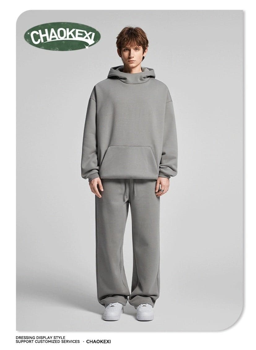 American Retro Men's Fleece-Lined Hoodie Set, Autumn/Winter Street Style Loose-Fitting Hoodie Two-Piece Set, Sporty Casual High-Neck Warm (Light Gray)