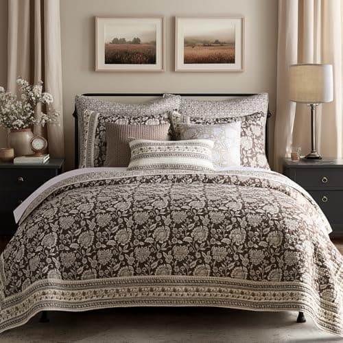 Levtex Home Adare Cocoa Reversible King/Cal King Quilt Set (106x92in) and 2 Pillow Shams (36x20in) - Floral Bedding - Brown Cream - Cotton King Size Quilt Bedding Set - Lightweight, Soft, Pre-Washed