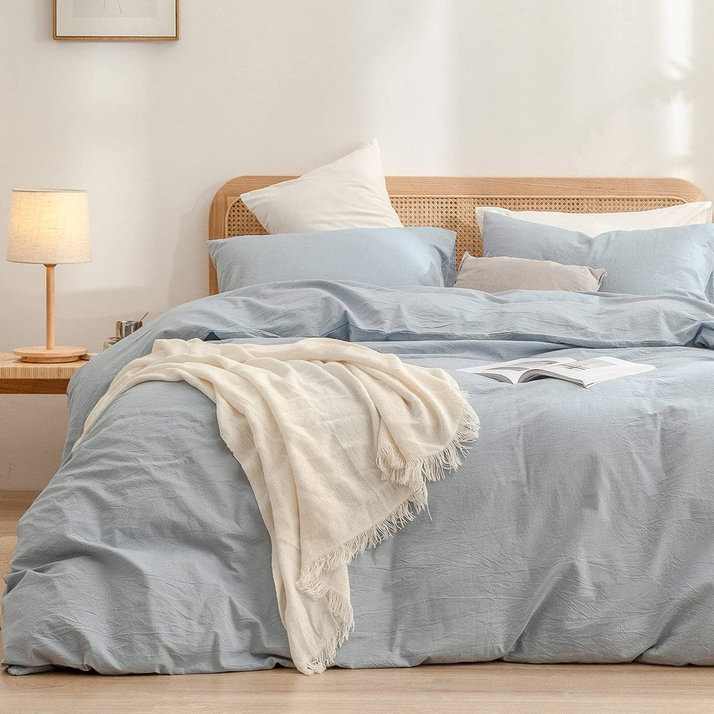 BESTOUCH Duvet Cover Set 100 Washed Cotton Linen Feel Super Soft Comfortable Chic Lightweight 3 PCs Home Bedding Set Solid Cornflower Blue Oversized Queen