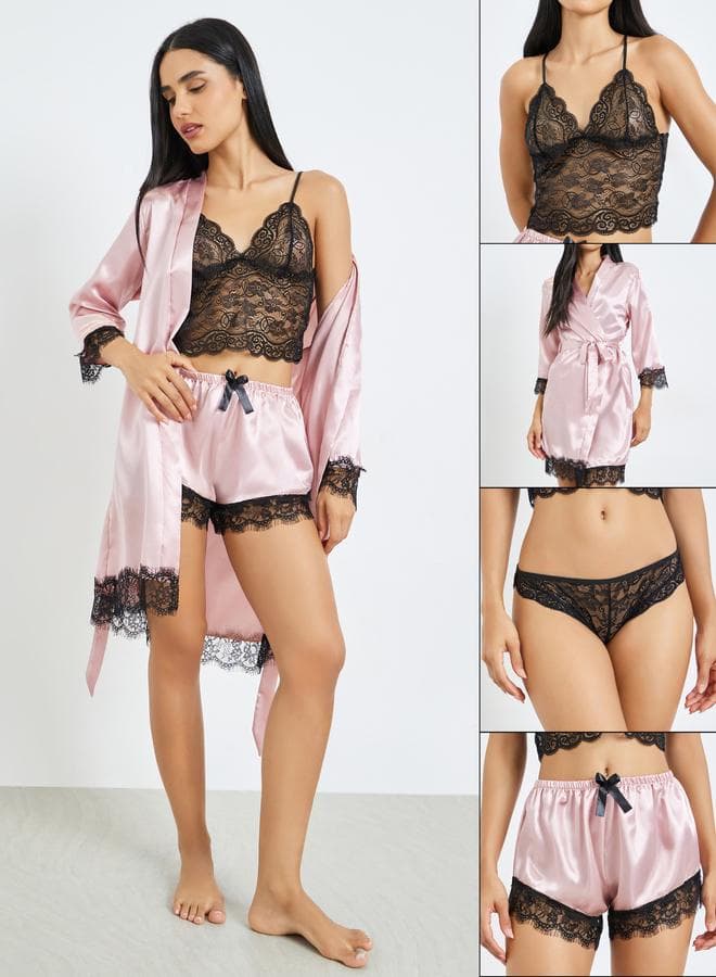 Pack of 4 - Lace Non Padded Non Wired Bralette, Brief, Shorts and Robe Set