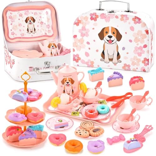 Lajeje Dog Toys for Kids Plastic Tea Party Set for Toddlers Little Girls Ages 38 PuppyThemed Pretend Play Kitchen Toy with Teapot Cups Saucers Desserts Tray Birthday Gift Idea