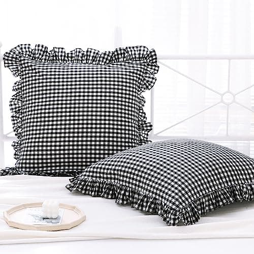 K MASANIJI 2 Pack Black and White Plaid Gingham Ruffle Euro Shams Pillow Covers 100 Washed Cotton Decorative Pillowcases for BedSofa 26x26
