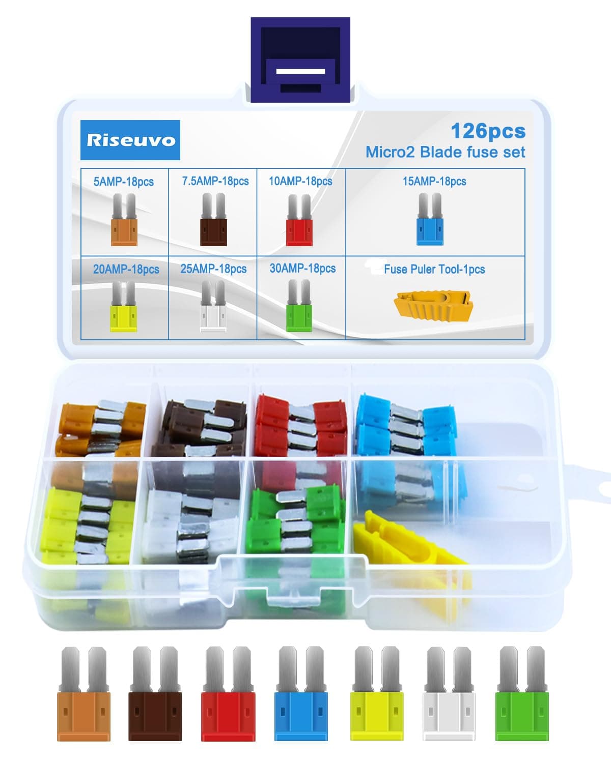 Riseuvo 126pcs Micro 2 Fuse Kit Micro2 ATR Automotive Blade Fuses Assortment Kit for Car Boat RV Truck SUV Replacement with Fuse Puller 5A 75A 10A 15A 20A 25A 30A