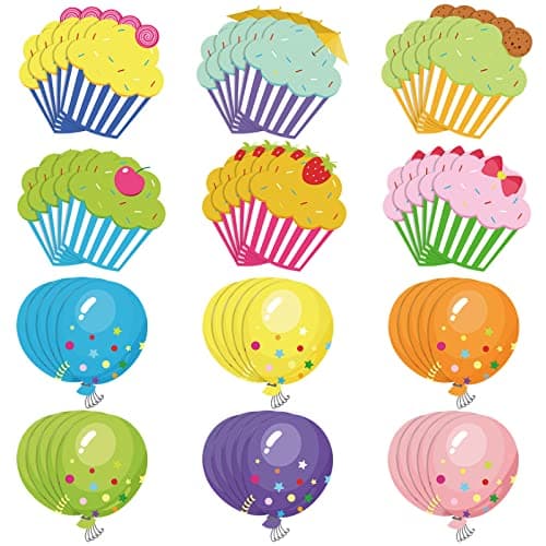 Yexiya 60 Pieces Colorful Cupcake Cutouts Birthday Classroom Bulletin Board Decorations Creative Cupcakes Balloons Cutouts Name Tags for Classroom Door Decorations (Cupcake, Balloons)