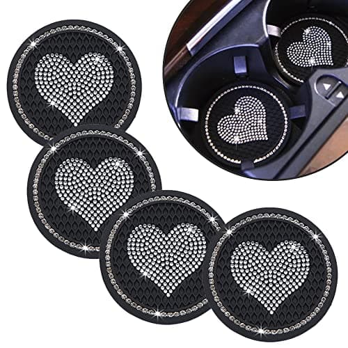 Car Coasters for Cup Holders 275 Inch Auto Cup Holder Insert Coasters Silicone AntiSlip Crystal Rhinestone Cute Drink Car Cup Mat 4PSC Bling Car Accessories for Women Lady Heart Black