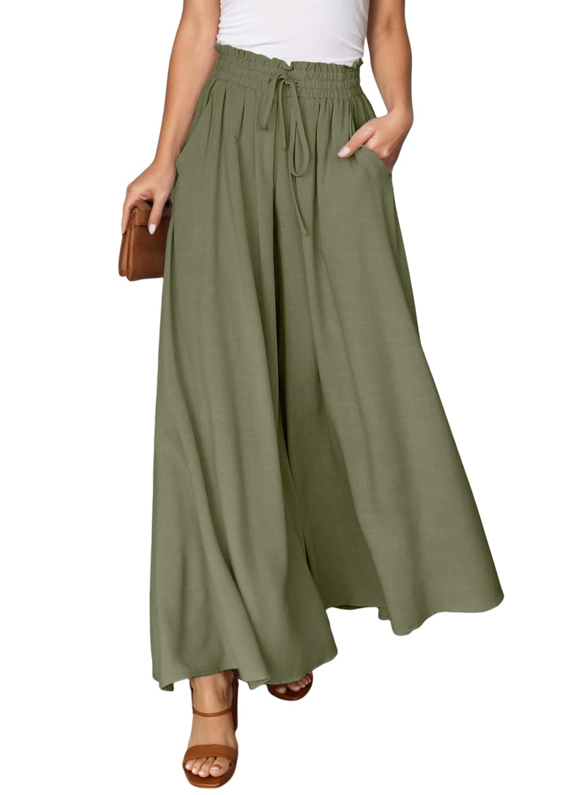 Dokotoo 2026 Stylish Women's Plus Size Wide Leg Palazzo Pants Spring Summer Lightweight Sport Elastic High Waist Linen Pants Women Clothing with 2 Side Pockets Outfits Green M