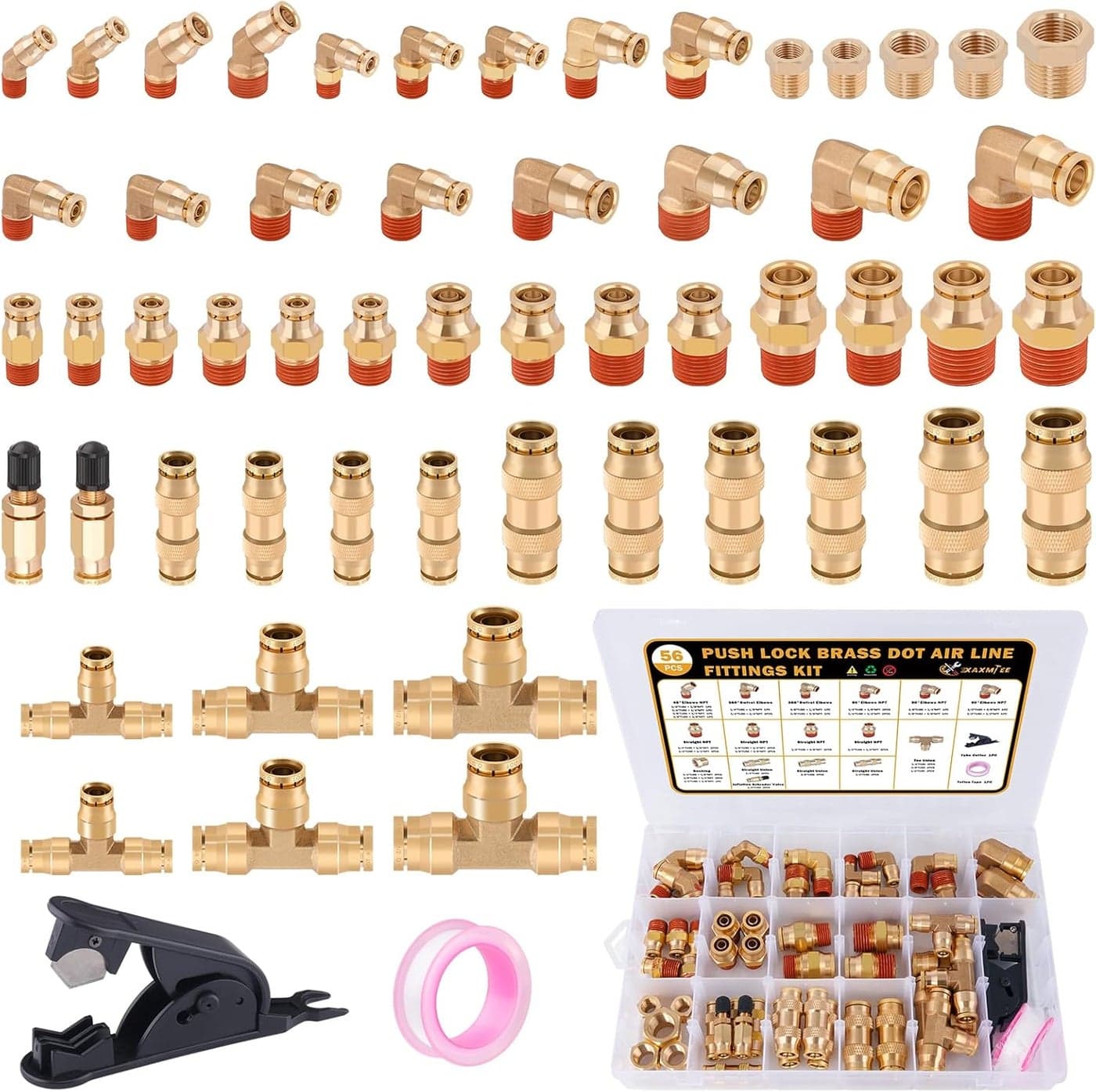 XaXmTee 56 Pcs Brass DOT Air Line Fittings Kit with Push to Connect and NPT Thread