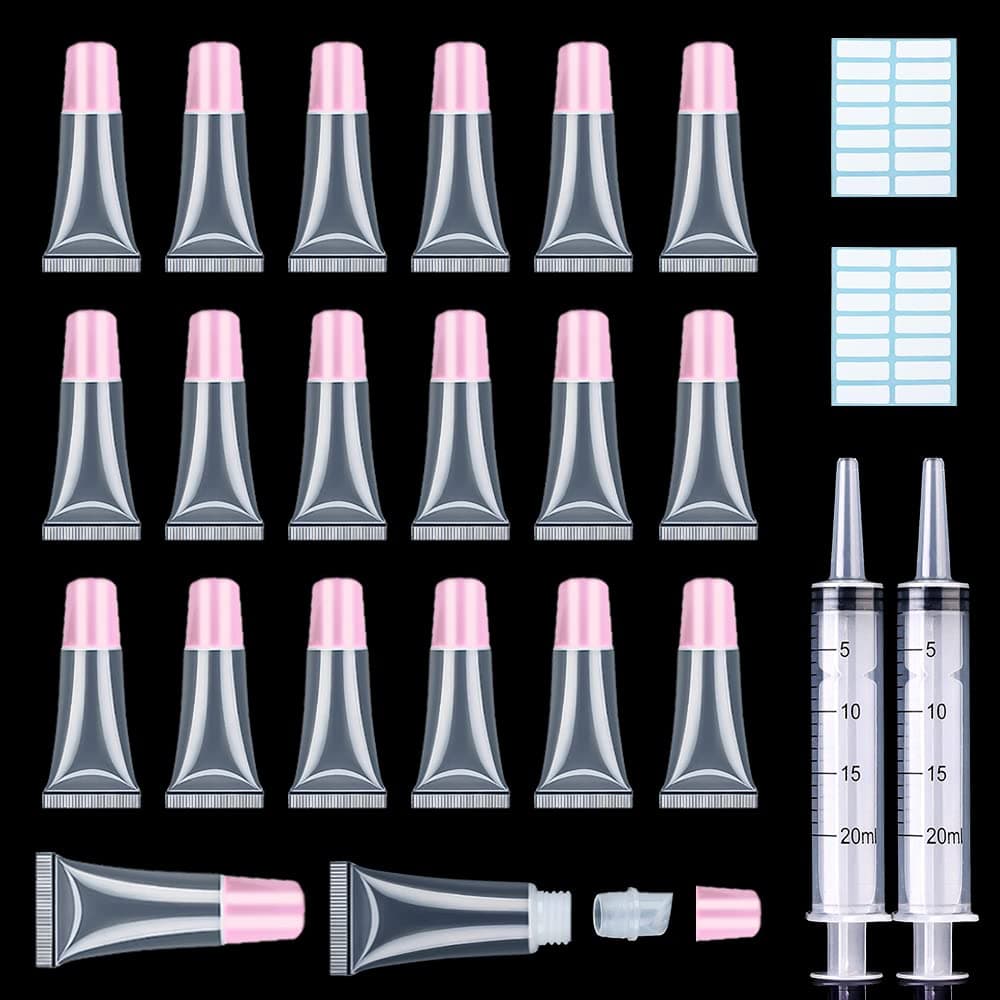 AMORIX 50PCS Lip Gloss Tubes 5ml Pink Cap Lip Gloss Containers Empty Lip Balm Tubes Squeeze Lipgloss Tubes 2 x 20ml Syringes Tag Labels for DIY Lip Gloss Base Glitter