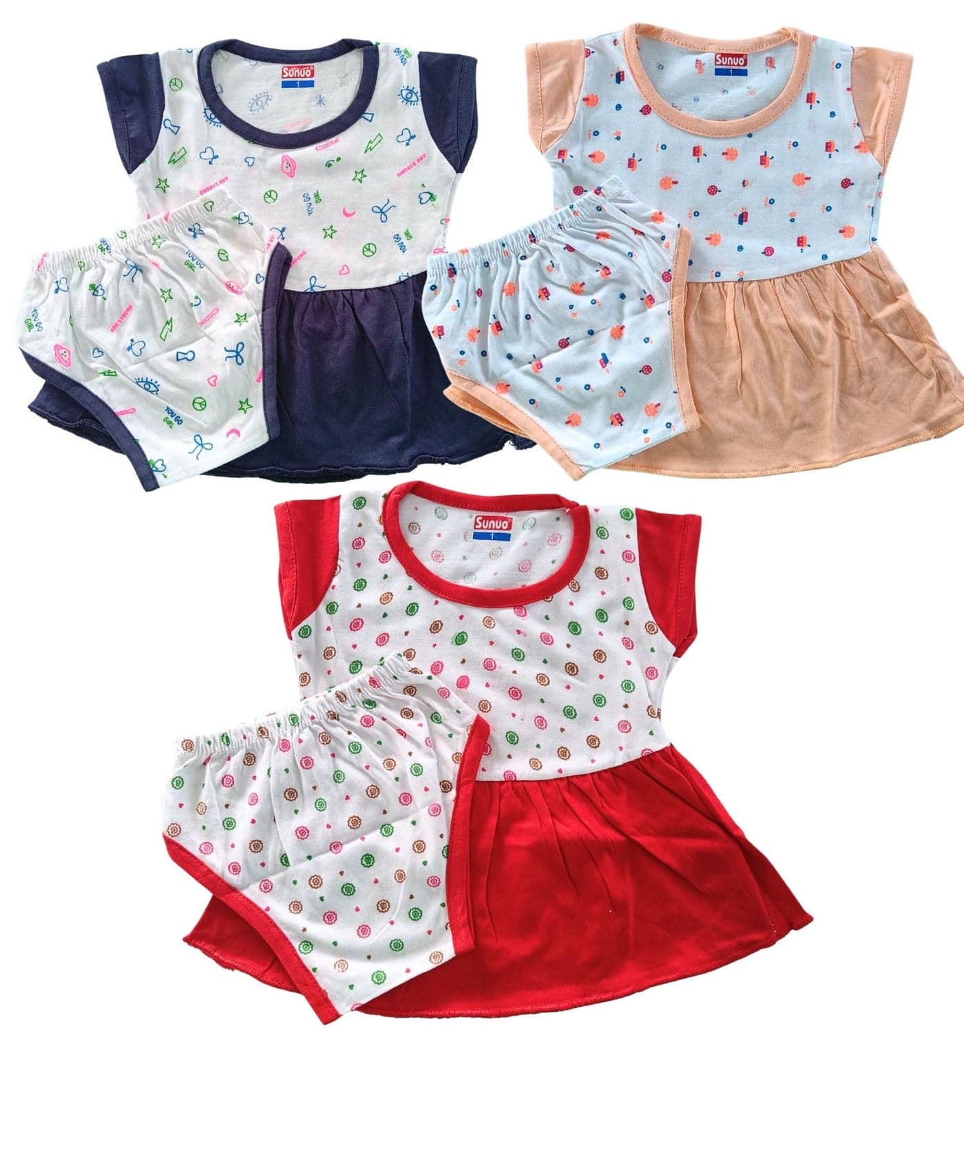 SUNUO Baby Girl Cotton A-Line Frock with Pant Combo (Pack of 3) (in, Age, 3 Months, 6 Months, Regular, RBO-3) Multicolour