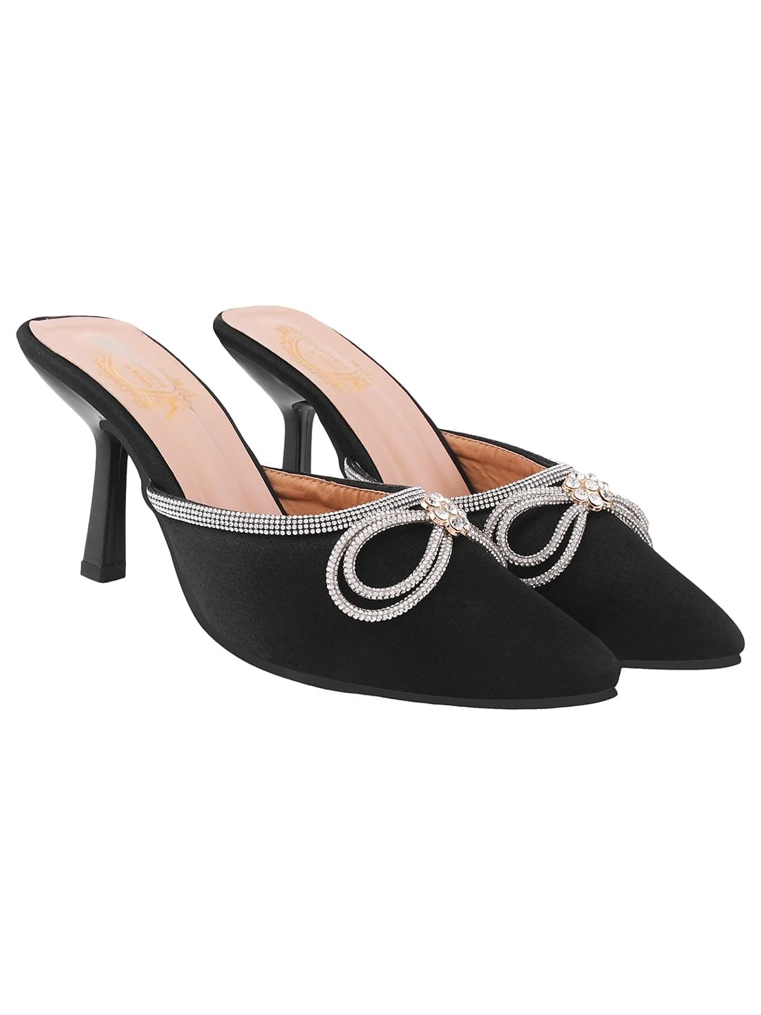 Shoetopia Women's Black Elegant Ivory Satin Mule Heels with Crystal Bow – Pointed Toe Slip-On Dress Rhinestone for Party or Evening Events EU41