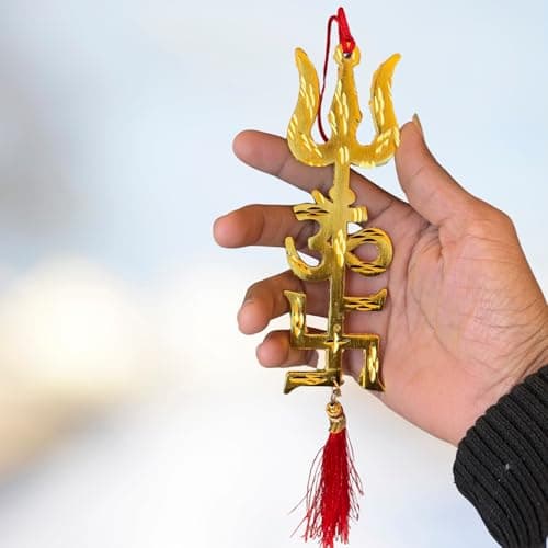 Salvus APP SOLUTIONS Brass Om Trishul Swastik Trishakti Yantra with Red Dhaga – Sacred Protection and Prosperity Wall & Door Hanging (6 inch_Golden)