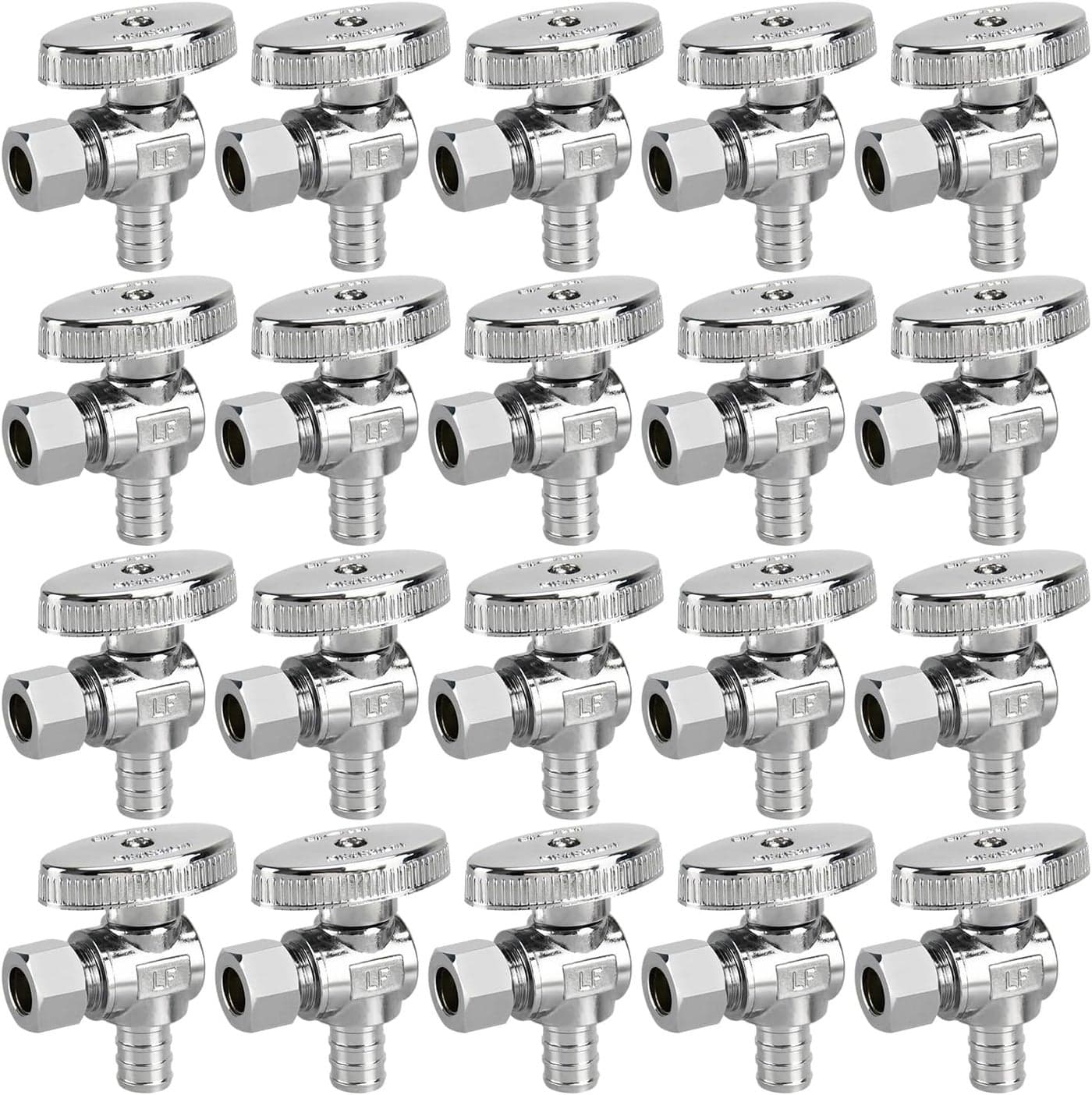 20 Pack Stop Valves, 1/4 Turn Angle Stop Valves, 3/8" OD Compression × 1/2" PEX Chrome Plated Brass for Faucet, Toilet Valves