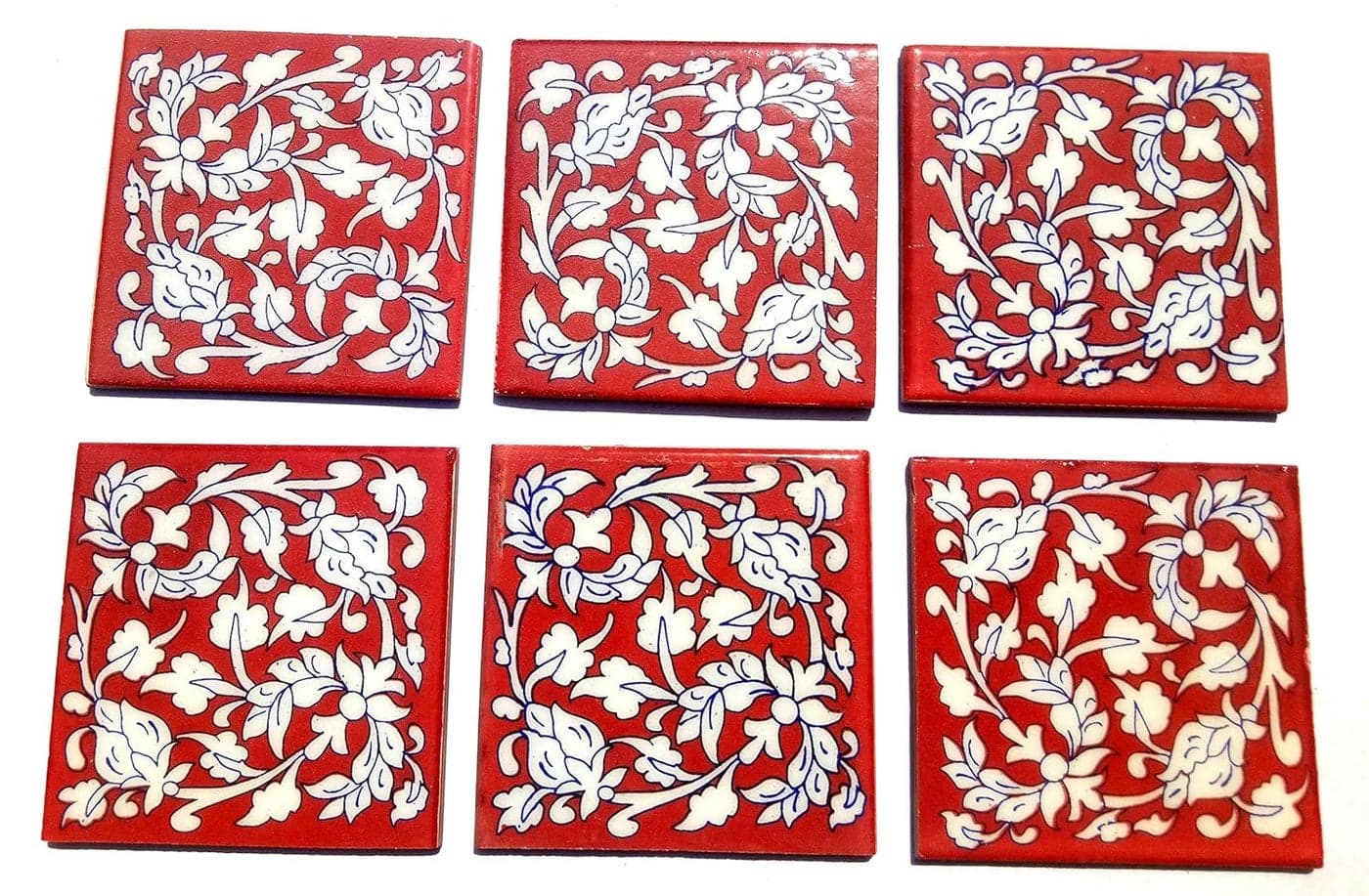 Shiv Kripa Blue Pottery Handmade Ceramic Tiles 4 x 4 Inch Multicolour Pack of 6
