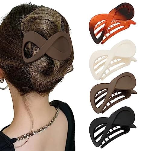 Ahoney 3.3" Flat Hair Clips for Women, 4Pcs Lay Down Claw Clips for Thick/Thin Hair Banana Clip French Hair Pin Hair Barrettes for Styling Hair Accessories for Women (Black/Amber/Brown/White)