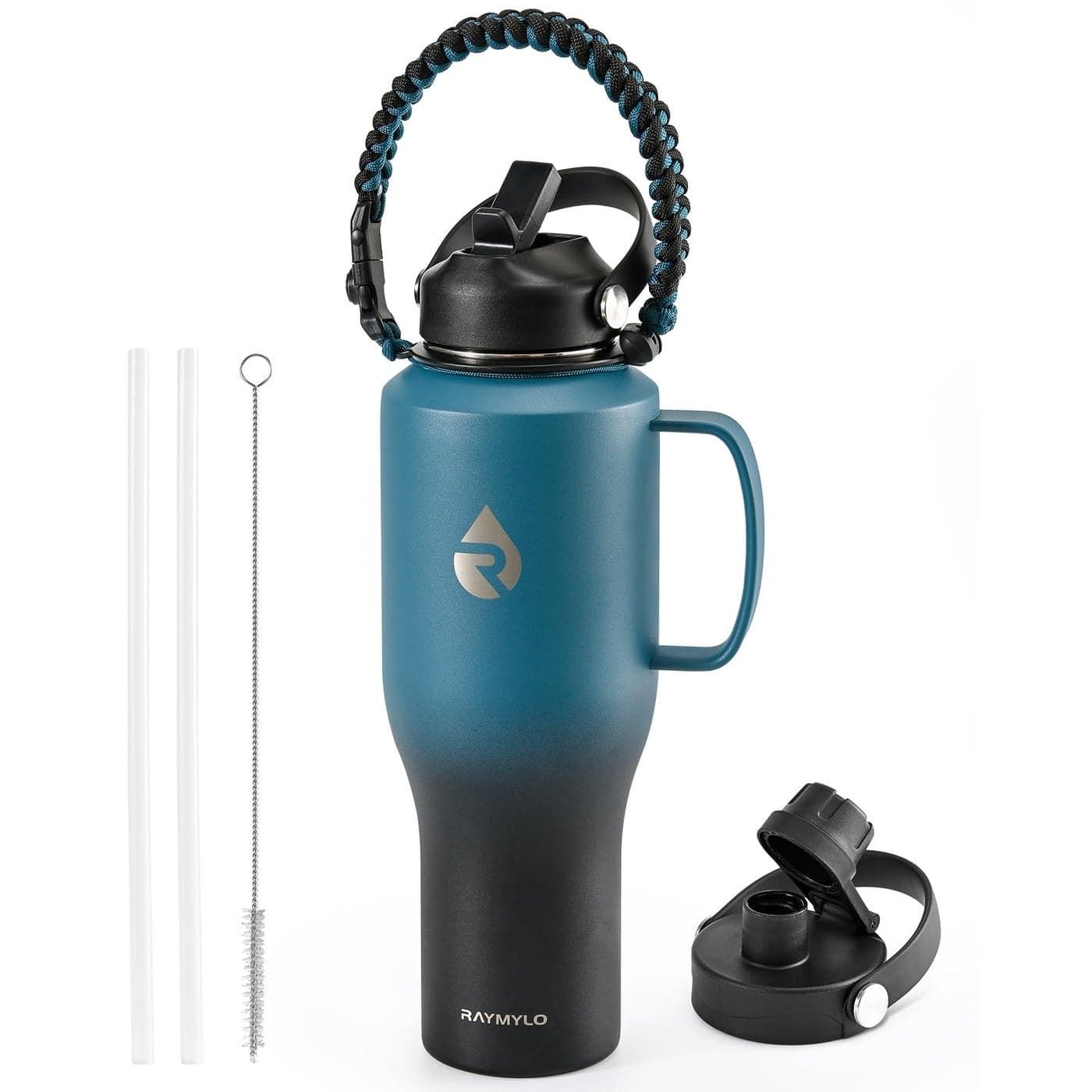 RAYMYLO Insulated Water Bottle 40oz Cold for 48 Hrs Stainless Steel Water Bottle with Handle Straw Lid Paracord Handle Triple Wall Vacuum Leakproof Travel Flask Fit in Any Car Cup Holder