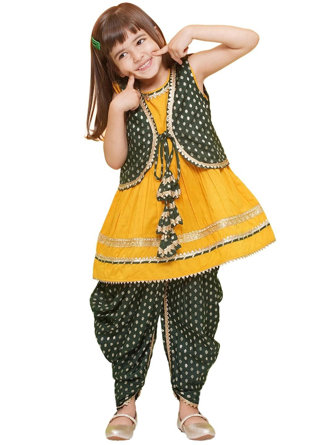 AJ DEZINES Kids Ethnic Wear Yellow Poly Chanderi Motif Printed Dhoti Style Kurta Salwar Suit Set With Dark Green Half Jacket For Girls (G-1155-YELLOW-24)