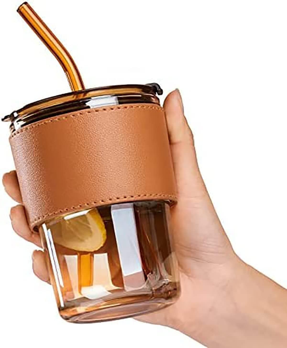 KITSSENTIAL Leather Grip Coffee Cup Sipper Glass with Straw Mug with Straw Coffee Cup with Leather Grip Glass Bottle with Silicone Straw MultiColour 3