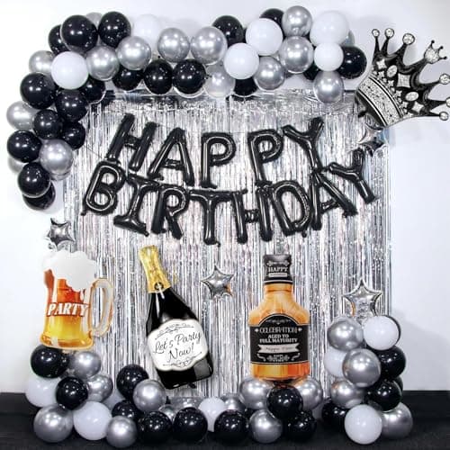 Black Happy Birthday Decorations for MenBlack Birthday Decorations with Banner Fringe CurtainsFoil Balloons Balloon Kits for 21st25th 27th 30th 35th 40 50 60th Birthday Decorations