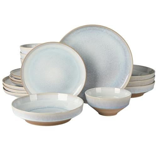 Gibson Elite Hailstone 16 Piece Stoneware Reactive Glaze (Service for 4) Ceramic Plates and Bowls Dinnerware Set - Moon Blue
