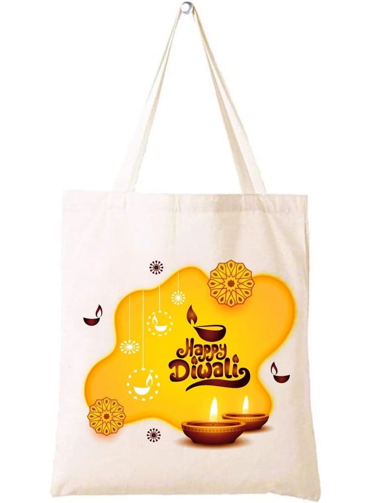 Happy Diwali Printed Canvas Cotton Bags - Gifts for Friends and Family - Reusable Shopping Bags - Party Bags