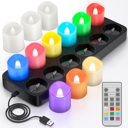 PChero Rechargeable Flameless Candles with Remote Timer Charging Base 12 Pack 9 Color Changing Tea Lights Battery Operated LED Votive Candles for Halloween Pumpkin Christmas Party Home Decor