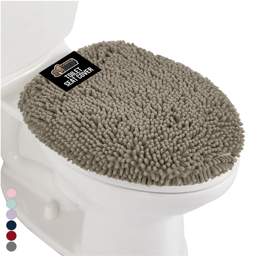 GORILLA GRIP Soft Chenille Bathroom Toilet Lid Cover Machine Washable Seat Covers 195x185 Stays in Place Rubber Backing Fits Most Round Elongated and Oblong Lids Accessories Decor Latte