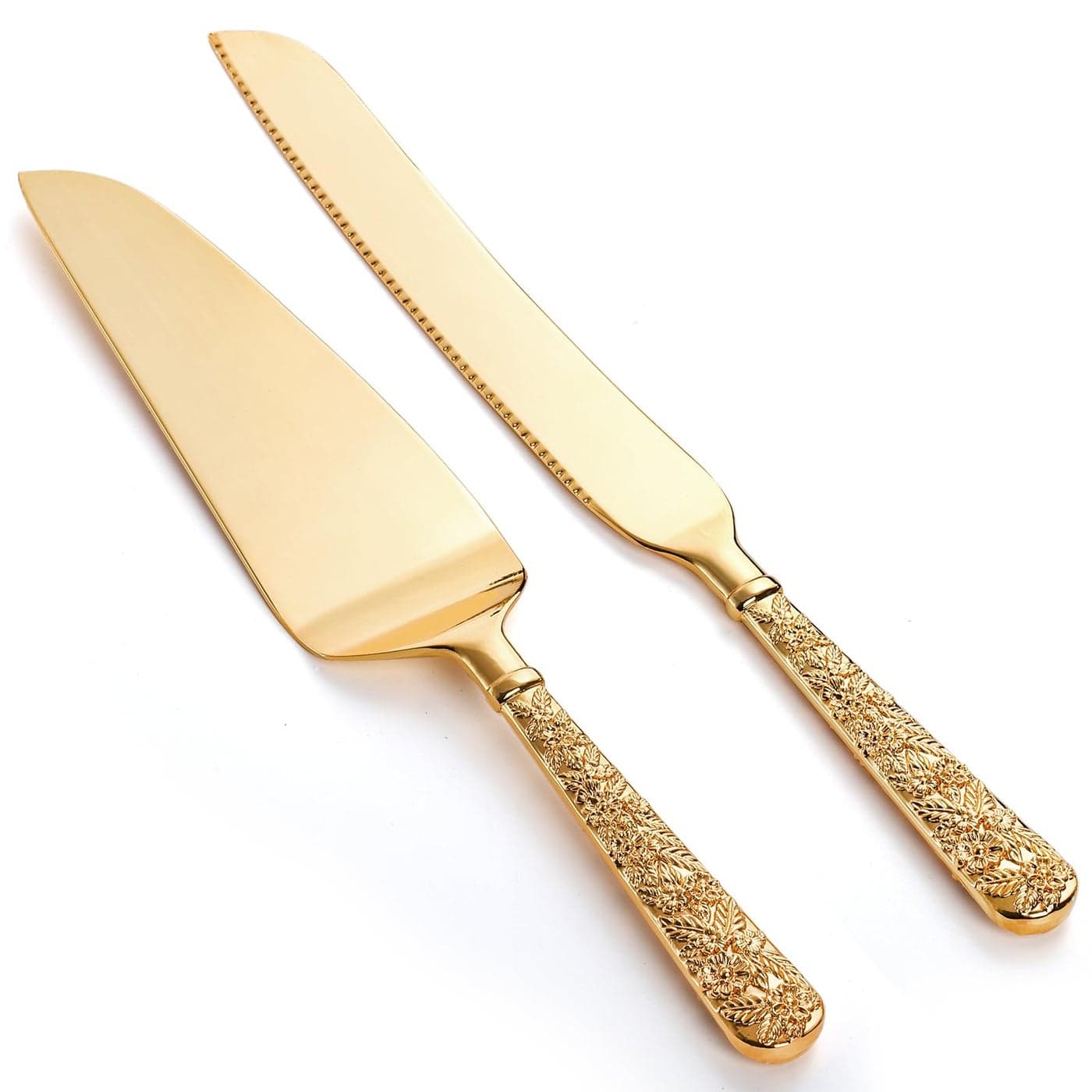 Dicunoy 2 PCS Gold Cake Knife and Server Set Wedding Cake Cutting Utensils Vintage Engraved Cake Cutter and Serving Spatula for BirthdayAnniversary Vibrant Gold