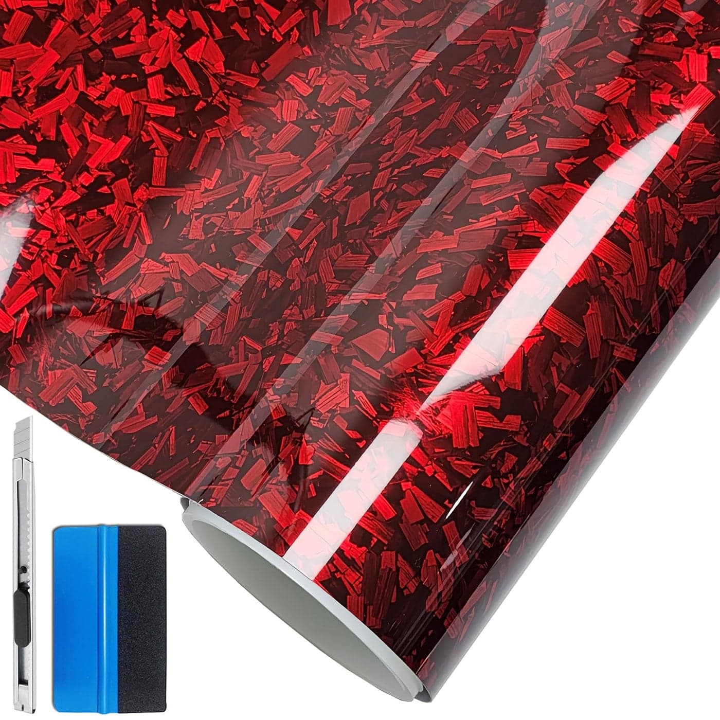 LZLRUN Forged Gloss Carbon Fiber Red Vinyl Wrap Roll Air Release Sticker Sheet Film DIY Decal Car Auto Vehicle Morotcycle Self Adhesive 1ft x 35ft