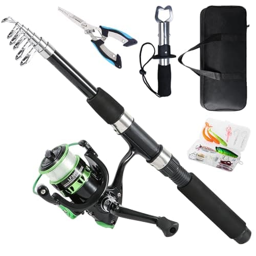 Tripquips Fishing Rod 69ft Telescopic Fishing Rod and Reel Combo with Fishing Pliers and Lip Gripper Fishing Equipment 521 PreLoaded Spinning Reel Combo Set Fishing PoleLF30 Green