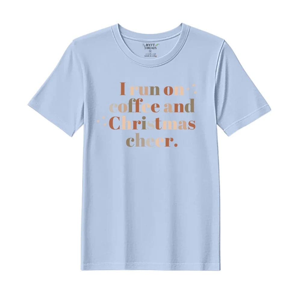 BYFT Threads XL Sky Blue Polycotton T-Shirt - Christmas "I run of Coffee and Christmas Cheer" Printed Design, Premium Holiday Collection