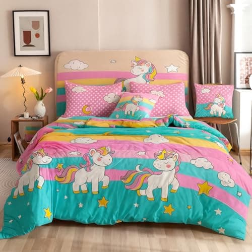 Harbell Home 200 GSM 400 TC Kids Glace Cotton Reversible Cartoon Printed Double Bed King Size Comforter with Matching Bedsheet 90 * 100 with 2 Pillow Covers Set of 4 Pieces. Multi U