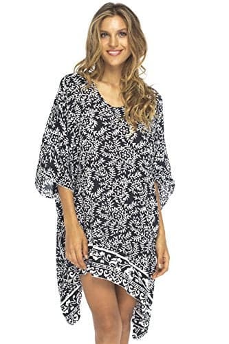 Back From Bali Womens Beach Swimsuit Cover Up Dress Caftan Floral Short Poncho Bun Black