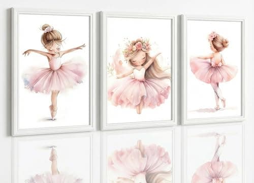 KKJ Cute Pink Ballet Girls Canvas Wall Art 3Pcs 12x16in, Little Ballerina Dancer Posters with Ballet Skirt, Charming Ballet Girl Wall Decor for Kids Room Baby Girl Nursery Bedroom Home Decoration