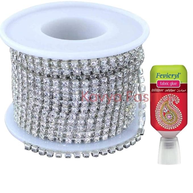 Kavya Fashion Silver Diamond Chain for Embroidery, Aari Work, Maggam Work, Jewellery Making, for Saree & Lehanga(Free Fabric Glue Cone & Storage Box) (Silver, 5)