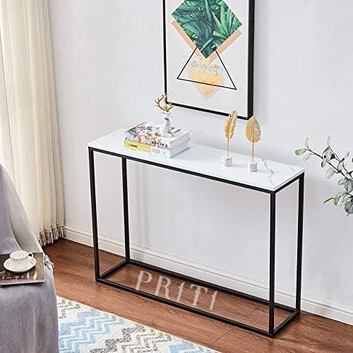 PRITI-Console Table, Entryway Table, Entrance Sofa Table, Engineered Wood Entry Table, Accent Coffee Table with Metal Frame Table for Hallway, Living Room, (Black Frame) Marble Top Finish.