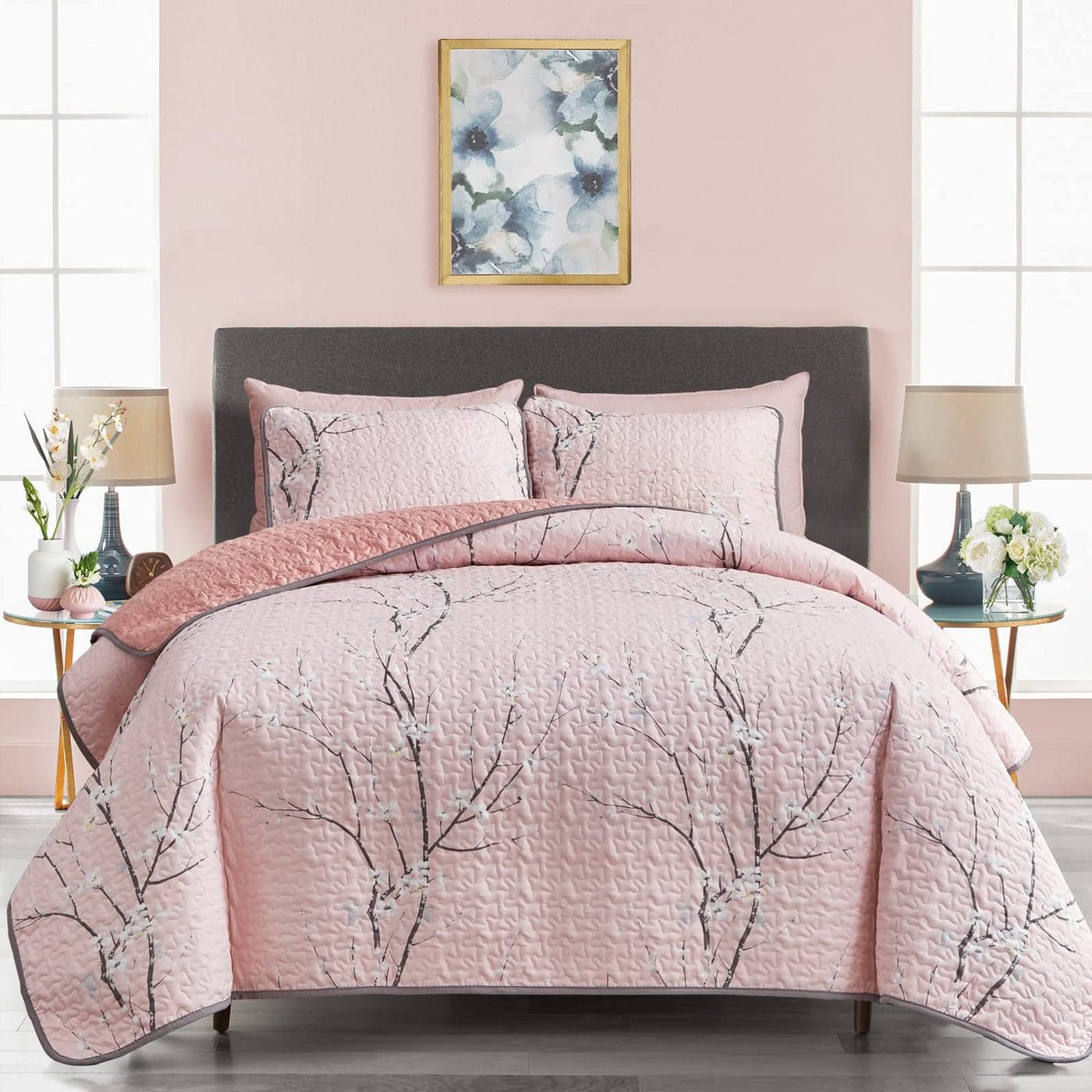 UOZZI BEDDING 3 Pieces Reversible Pink Branch Quilt Set King Size 102x88 Soft Microfiber Lightweight Coverlet Bedspread Summer Comforter Set Bed Cover for All Season 1 Quilt 2 Shams