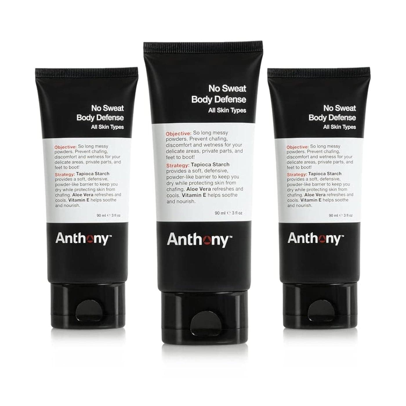 Anthony No Sweat Body Defense Deodorant for Men AntiChafing AntiItch CreamtoPowder Lotion for Groin Thighs Underarms TalcFree Absorbs Moisture Sweat Odor Control 3 fl oz Pack of 3