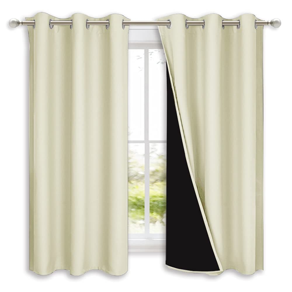 NICETOWN Bedroom Full Blackout Curtain Panels Super Thick Insulated Grommet Drapes DoubleLayer Blackout Draperies with Black Liner for Small Window Beige Set of 2 42 by 63inch