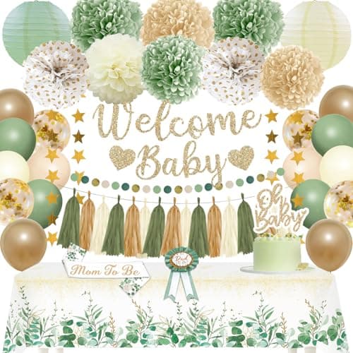 Sage Green Baby Shower Decorations Gender Neutral Baby Shower Decorations Welcome Baby Banner Sage Green Balloons Paper Lanterns Pom Poms Flowers Tablecloth Tassels Mom to Be Sash Dad to Be Pin