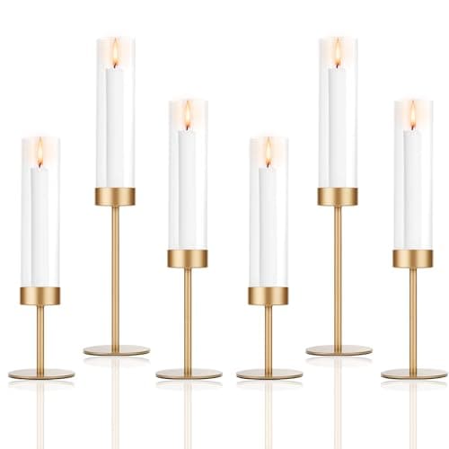 POKINE Set of 6 Gold Candle Holders Tall Hurricane Candlestick Holders with Glass for Taper and Pillar Candles Home Decor for Wedding Christmas Party Anniversary Dining Table