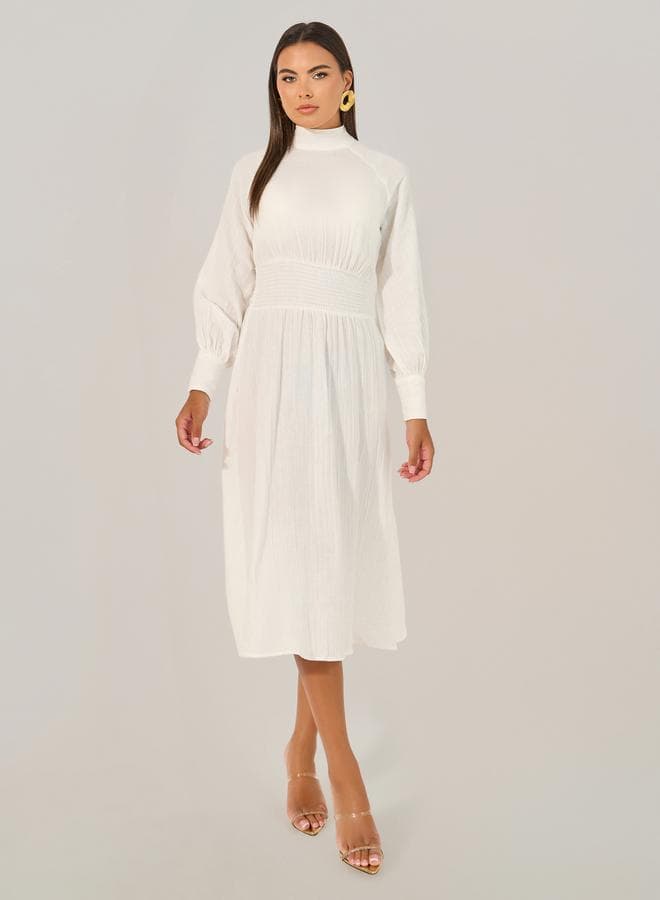 Styli Plain Smocked Waist A-Line Midi Dress — M