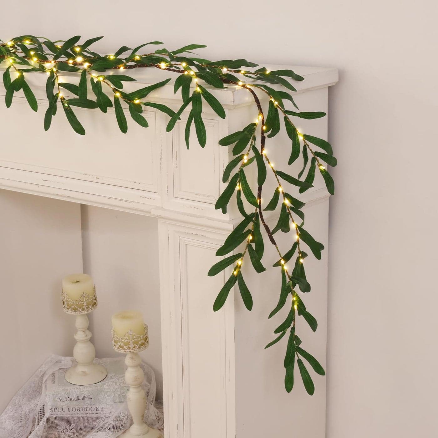Waipfaru Olive Garland with Lights 6FT Prelit Christmas Garland with Timer Artificial Christmas Greenery Twig for Mantle Fireplace Wedding Stairs Decor