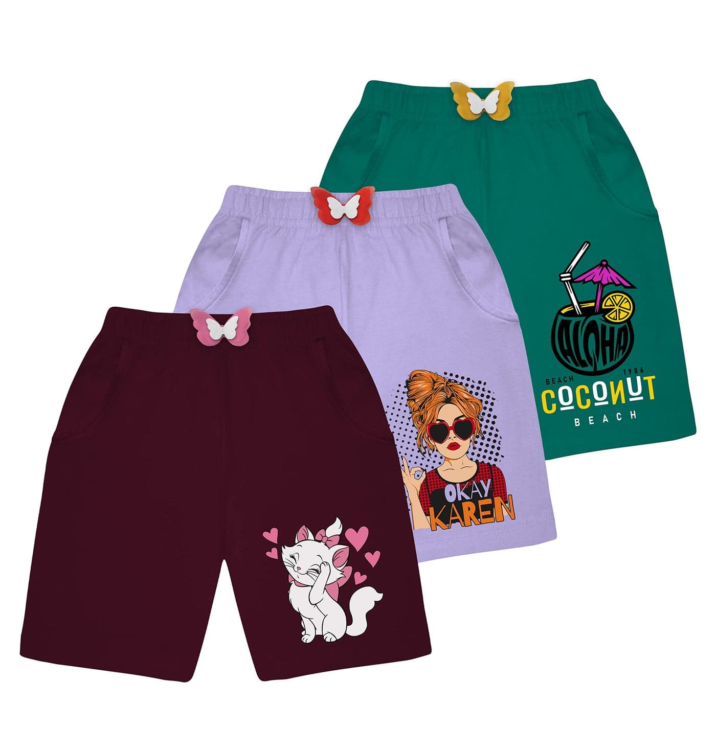 KYDA KIDS Cotton Printed Bow Shorts for Girls with Pocket and Elastic Waist, Regular Fit - Pack of 3 Multicolour