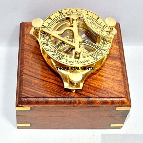 THOR INSTRUMENTS Antique Brass Sundial Compass WEST London Nautical Item with Wood Box Free Rustic Vintage Home Decor Gifts 8 Cm