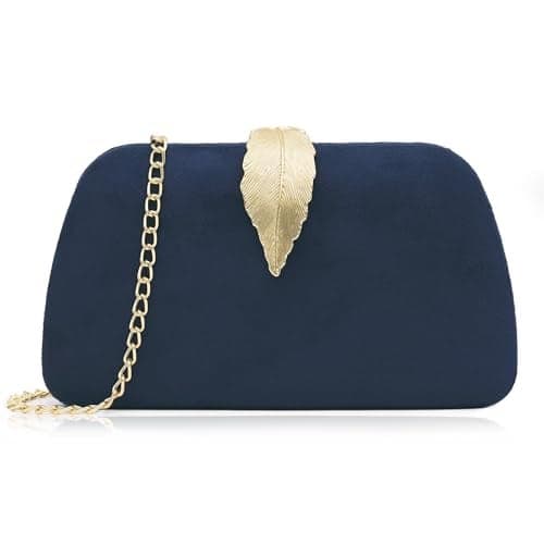 Milisente Clutch Purses For Women, Solid Soft Suede Evening Clutch Bag Shoulder Bag With Metallic Leaves Clasp(Navy Blue)